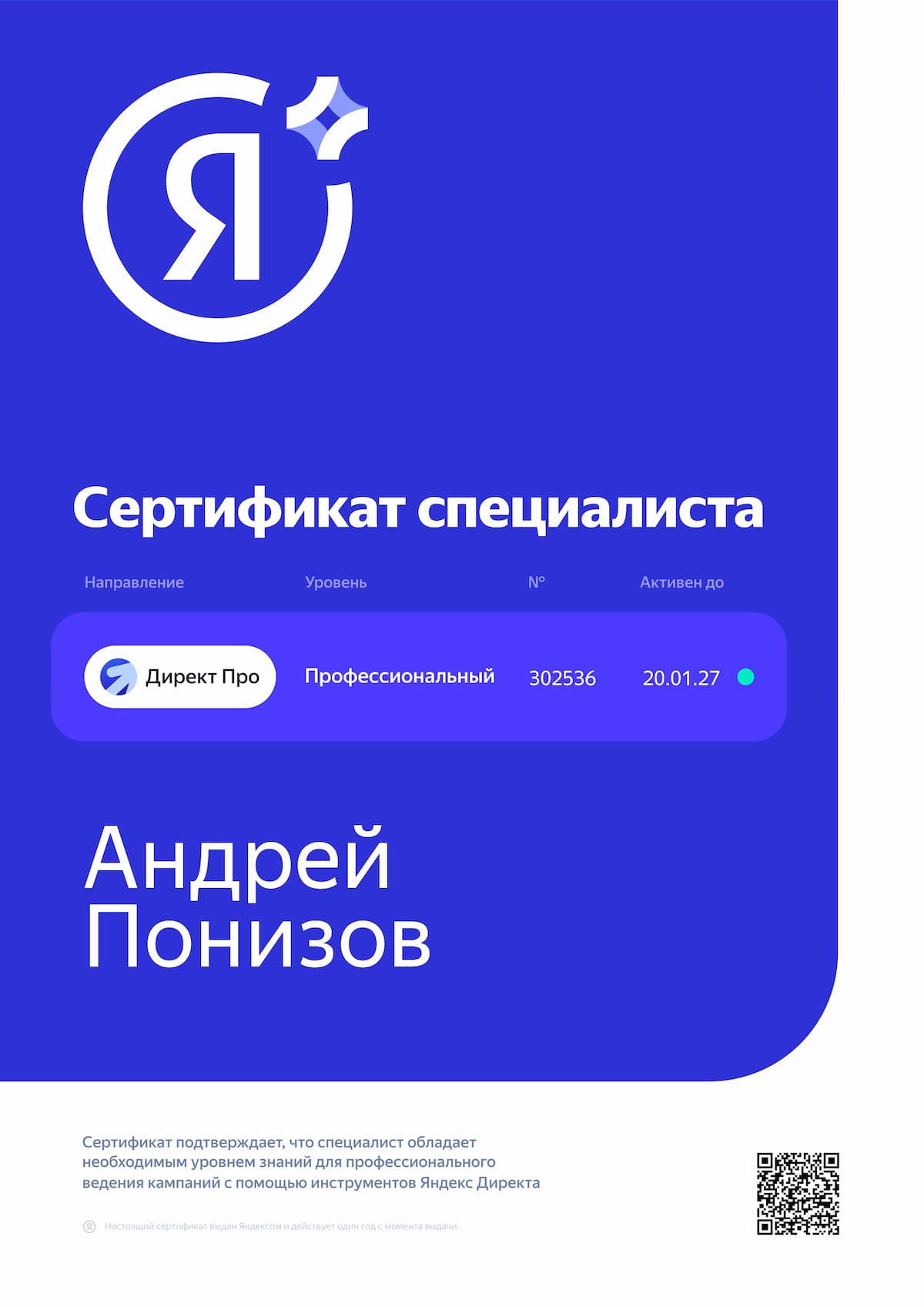 Сертификат Яндекс Директ Про