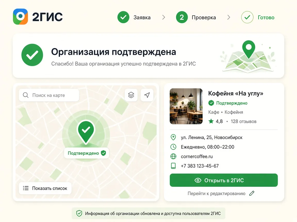 Регистрация организации в 2ГИС: результат