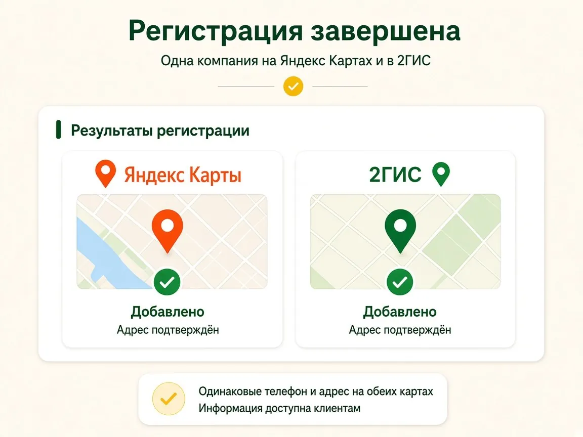 Регистрация компании на Яндекс Картах и в 2ГИС: результат