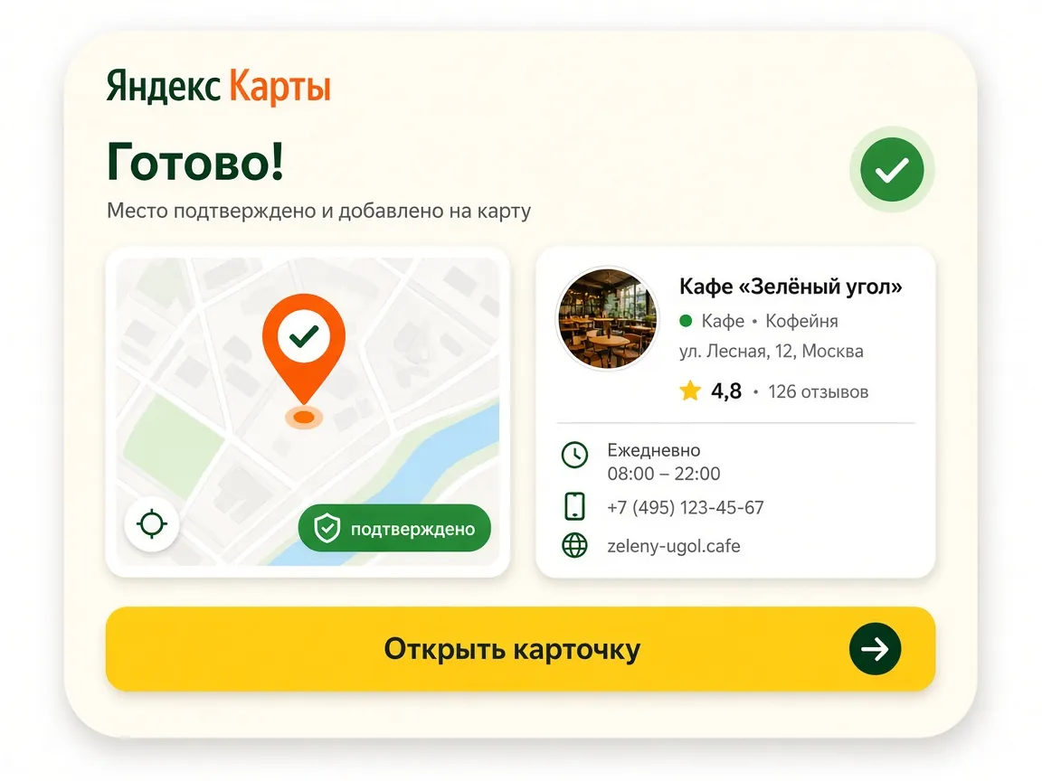 Регистрация организации на Яндекс Картах: результат