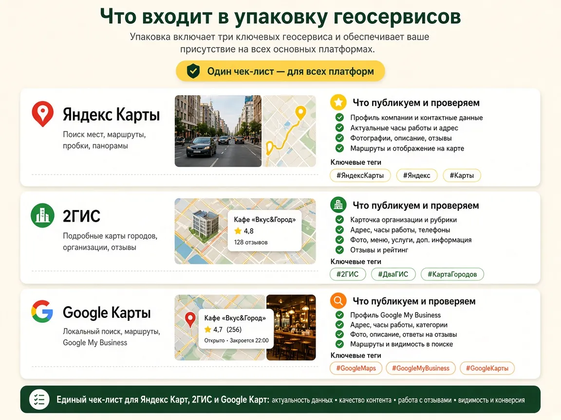 Комплексная упаковка организации во всех геосервисах: что входит