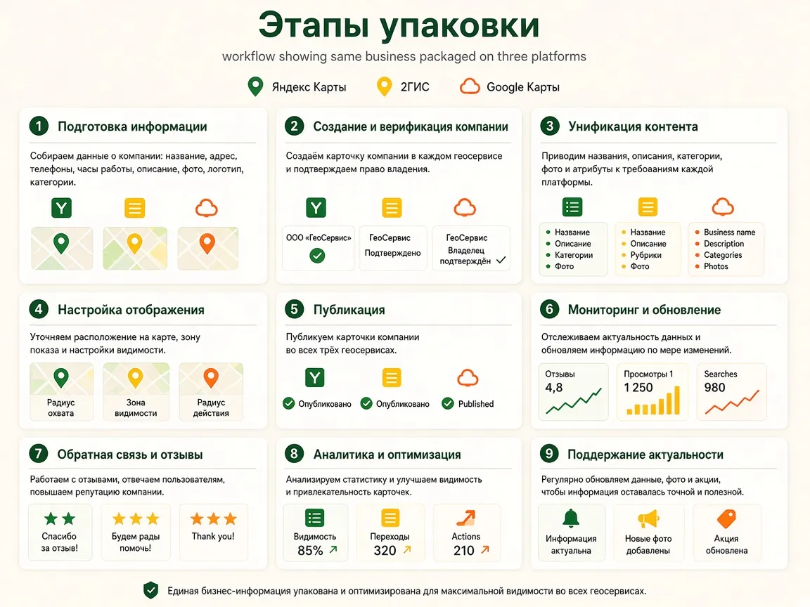 Комплексная упаковка организации во всех геосервисах: этапы работы